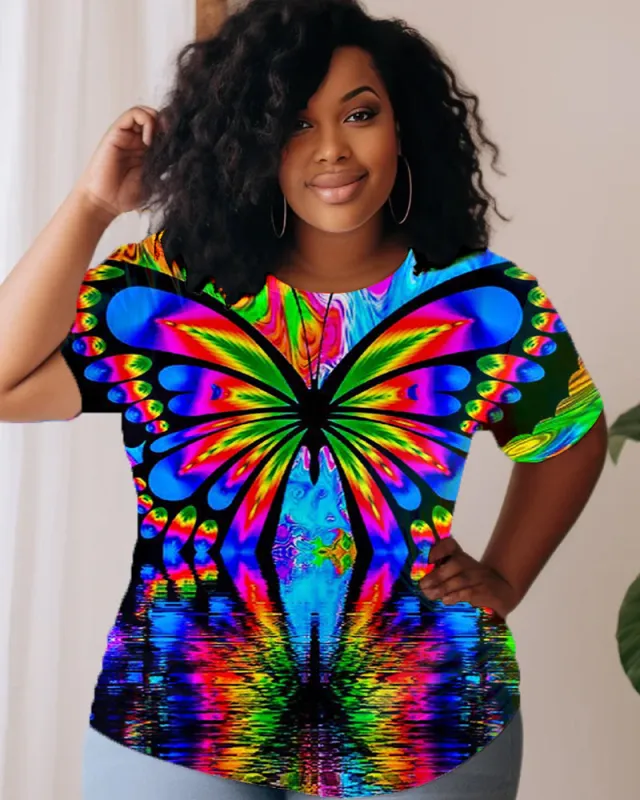 Colorful Personalized Butterfly Printed Big & Tall Women's Short Sleeved T-shirt sold by Biggmans