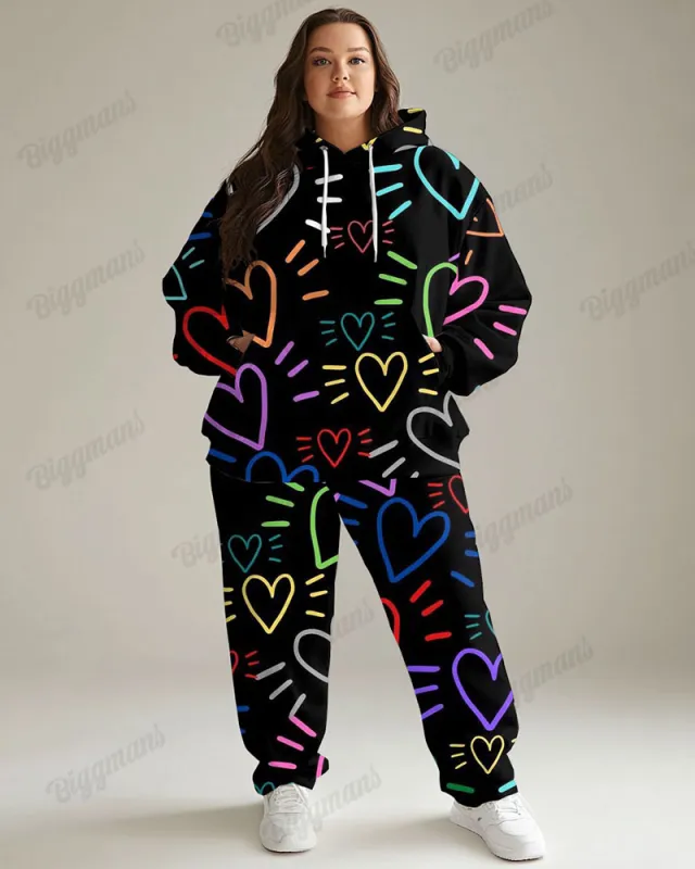 Women's Big & Tall Jogging Set Colorful Heart Print Hoodie Pants Set sold by Biggmans