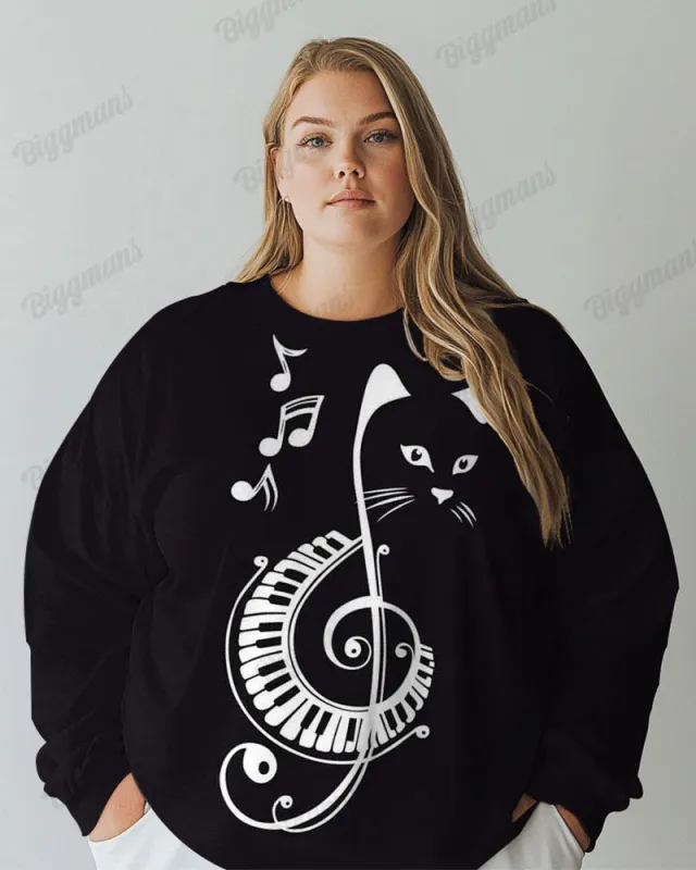 Women's Big & Tall Cute Music Cat Print Long Sleeve T-shirt sold by Biggmans