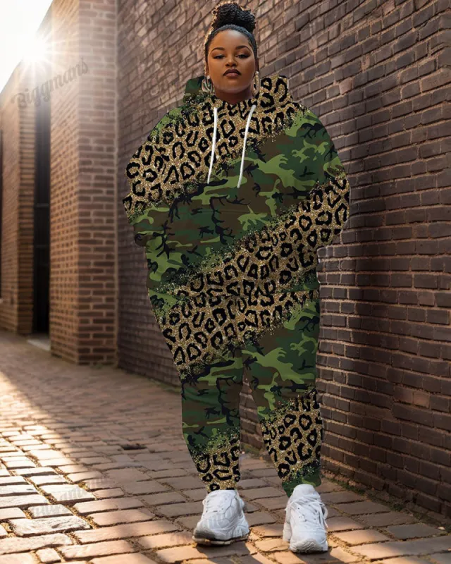 Women's Street Fashion Shiny Leopard Camouflage Print Big & Tall Hoodie Set sold by Biggmans
