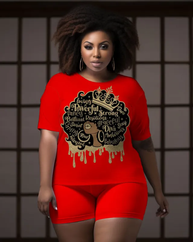 Women's Big & Tall Retro Casual Afro Queen Graffiti Short Sleeve Shorts Set sold by Biggmans