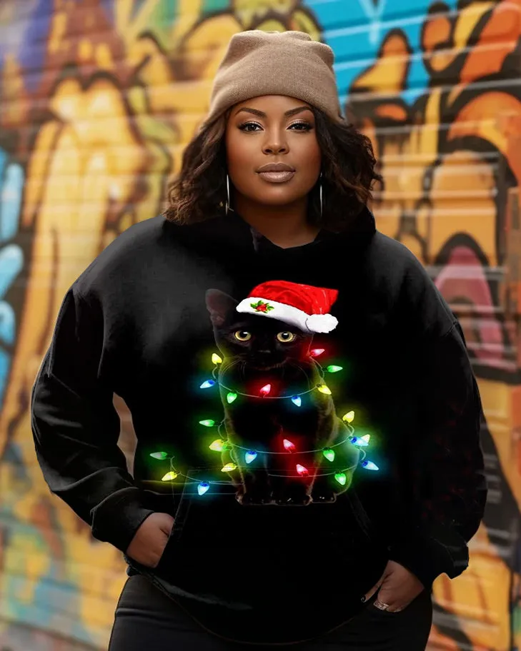 Women's Big & Tall Cat Christmas Lights Long Sleeve Hoodie sold by Biggmans