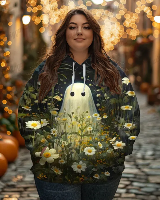 Plus Size Ghost in the Flowers Print Casual Long Sleeve Hoodie sold by Biggmans