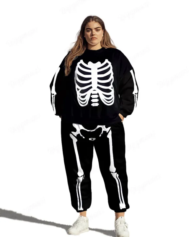 Halloween Skeleton Print Women's Big and Tall Hoodie Set sold by Biggmans