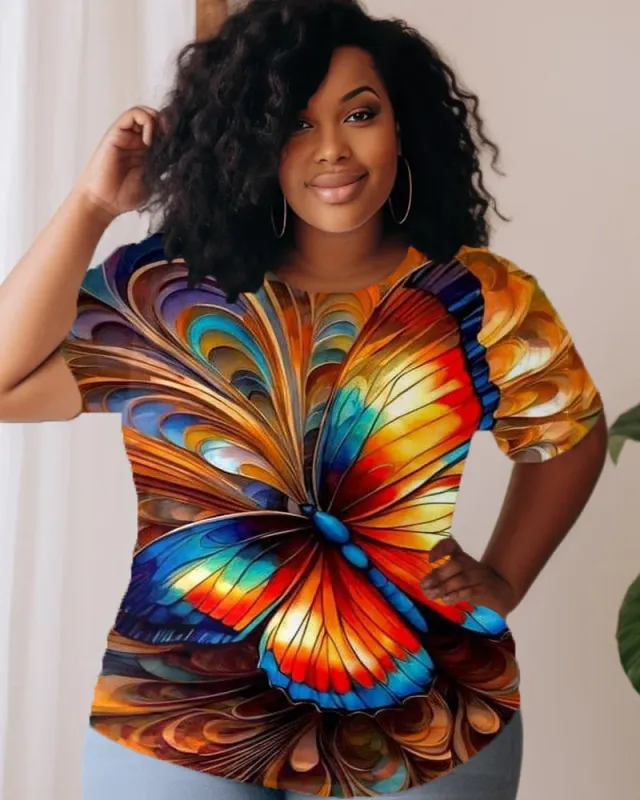 Oil Painting Butterfly Casual Print Large Women's Short Sleeved T-shirt sold by Biggmans
