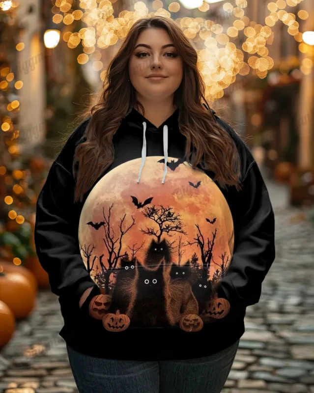 Plus Size Halloween Black Cat Print Casual Long Sleeve Hoodie sold by Biggmans