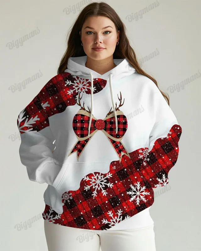 Women's Big and Tall Christmas Plaid Bow Print Long-sleeved Hoodie sold by Biggmans