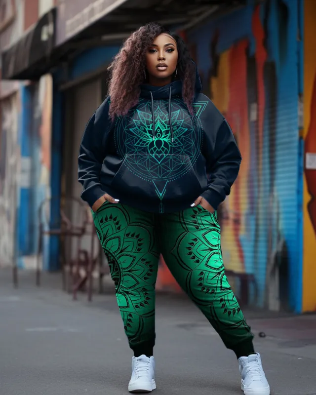 Women's Big and Tall Green Gradient Mandala Hoodie Set sold by Biggmans