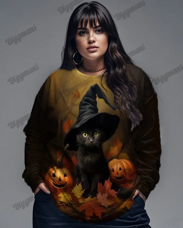 Witch Black Cat Pumpkin Print Big and Tall Women's Long Sleeve Top sold by Biggmans