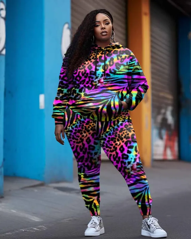 Women's Big & Tall Street Graffiti Colorful Leopard Print Hoodie Set sold by Biggmans