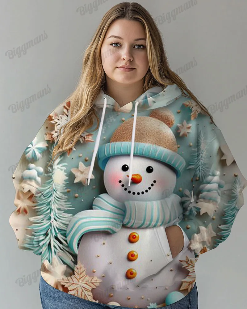 Women's Big Size Cozy Christmas Snowman Hooded Sweatshirt sold by Biggmans
