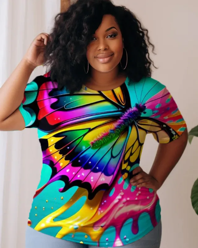 Oil Painting Butterfly Print Big Women's Short Sleeved T-shirt sold by Biggmans