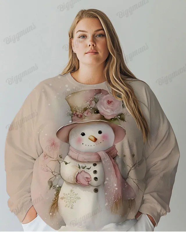 Vintage Flowers Snowman Print Women Big Size Long Sleeve T-shirt sold by Biggmans