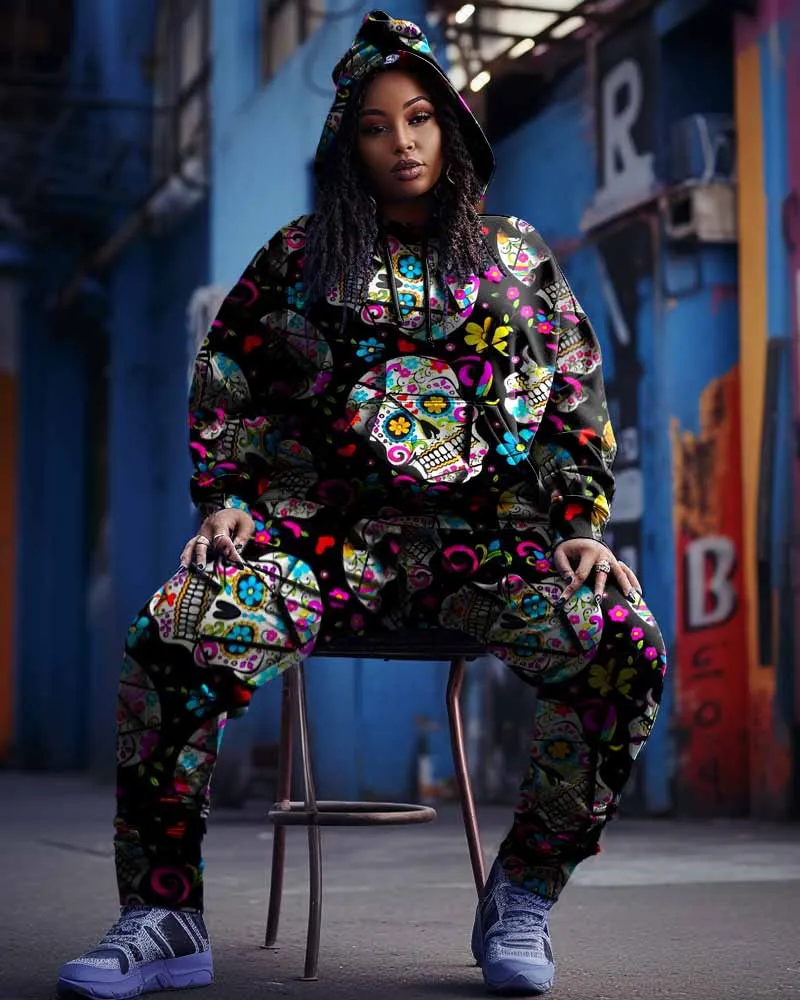 Women's Big Size Skull Petal Graffiti Hoodie Sweatpants Set sold by Biggmans