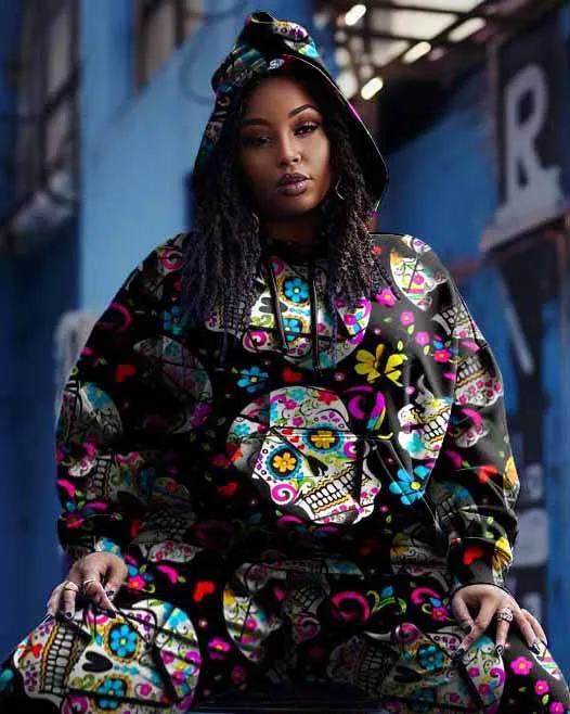 Women's Big Size Skull Petal Graffiti Hoodie Sweatpants Set sold by Biggmans product image thumbnail 2