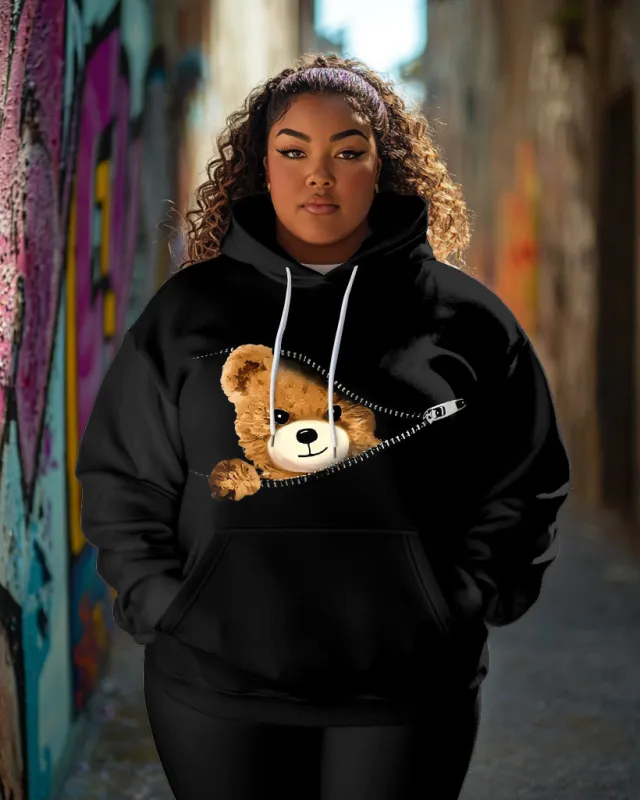 Women's Big and Tall Zipper Smiley Brown Bear Casual Hoodie sold by Biggmans