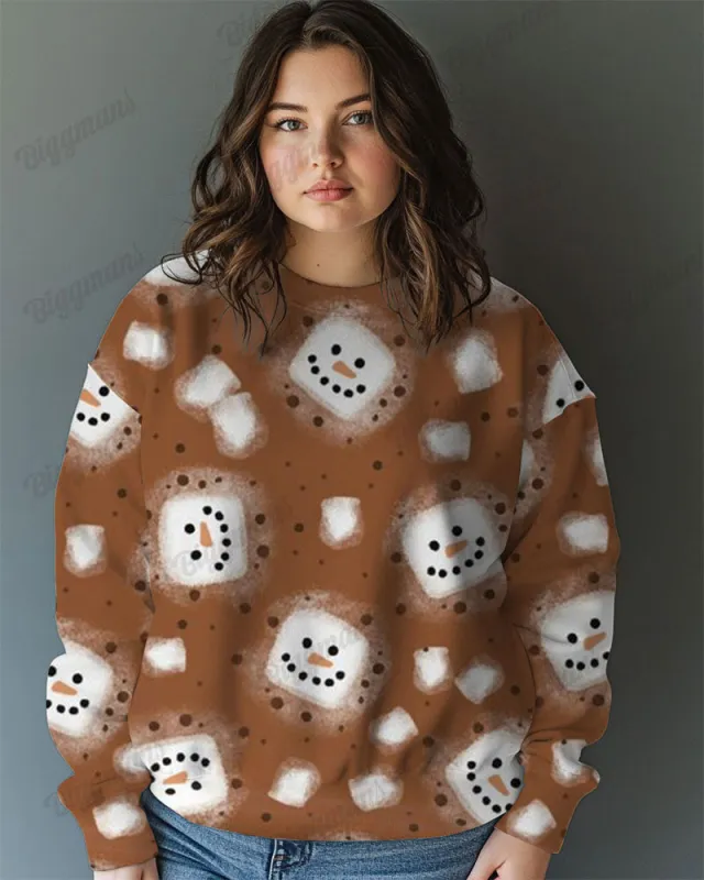 Big and Tall Cute Marshmallow Snowman Print Casual Long Sleeve Sweatshirt sold by Biggmans
