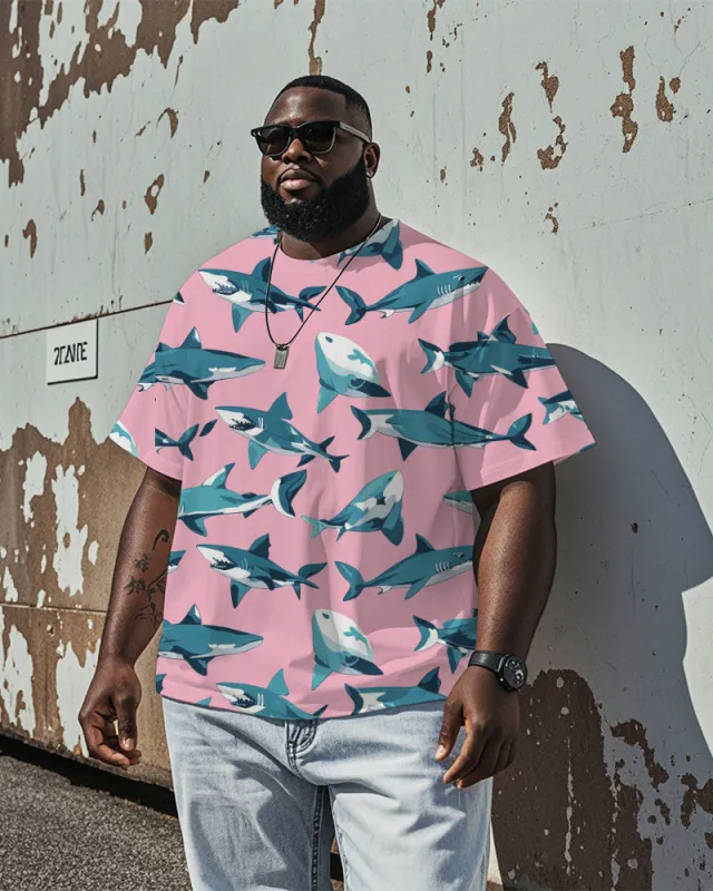 Men's Hawaiian Fashion Cartoon Shark All Over Printed Casual Short Sleeve T-shirts sold by Biggmans