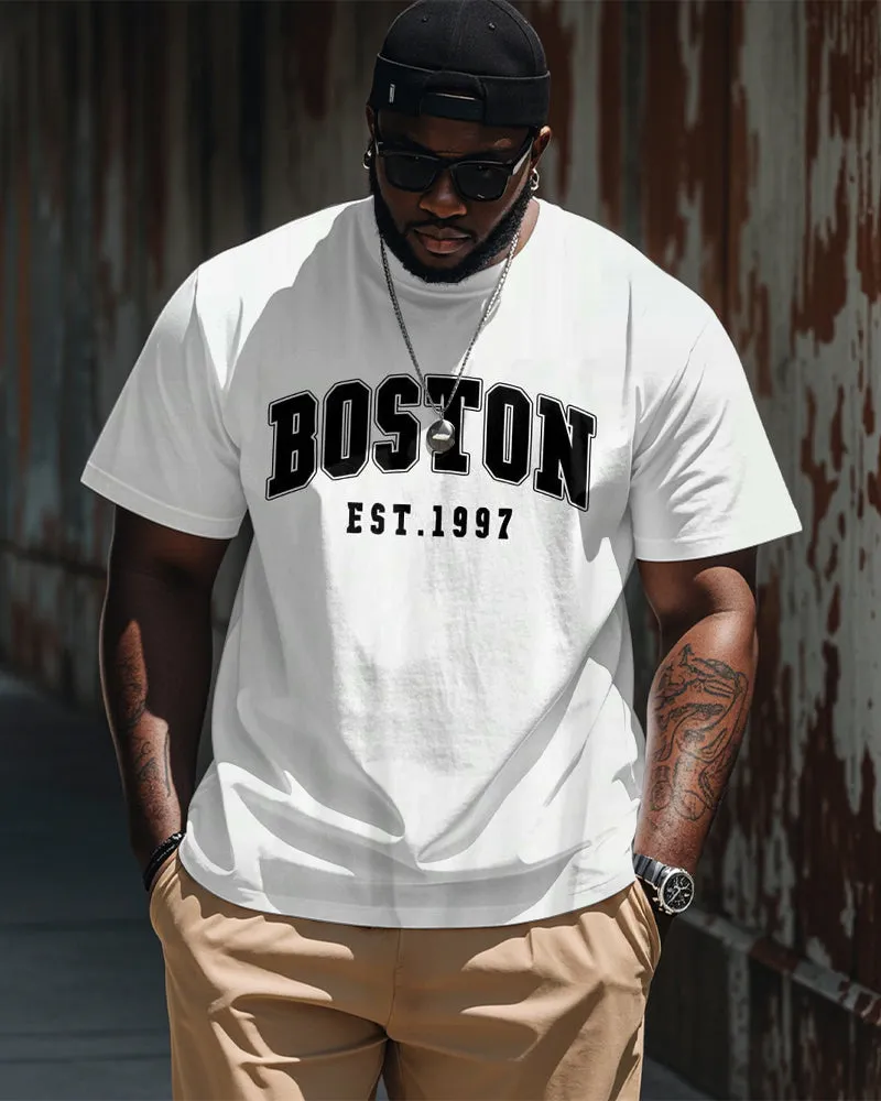 Men's Plus Size Street Fashion Boston Alphabet Print Round Neck Short Sleeve T-Shirt sold by Biggmans