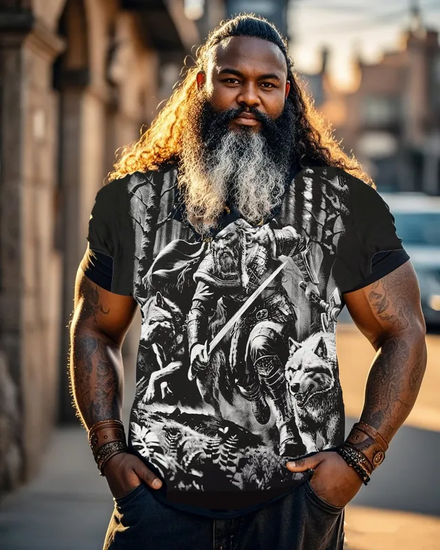 Plus Size Black Print T-shirt Men's T-shirt With A Viking Warrior Running With Two Wolves In The Dark Woods-printed Front And Back sold by Biggmans