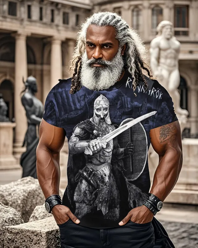 Plus Size Black Printed T-Shirt Men's T-Shirt, Black T-Shirt With Powerful Viking Theme Design-Printed Front And Back sold by Biggmans
