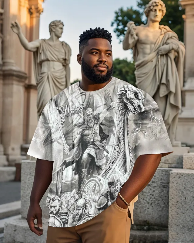Plus Size Rice Gray Print T-shirt In A Bold And Intense Viking-themed Design-printed Front And Back sold by Biggmans