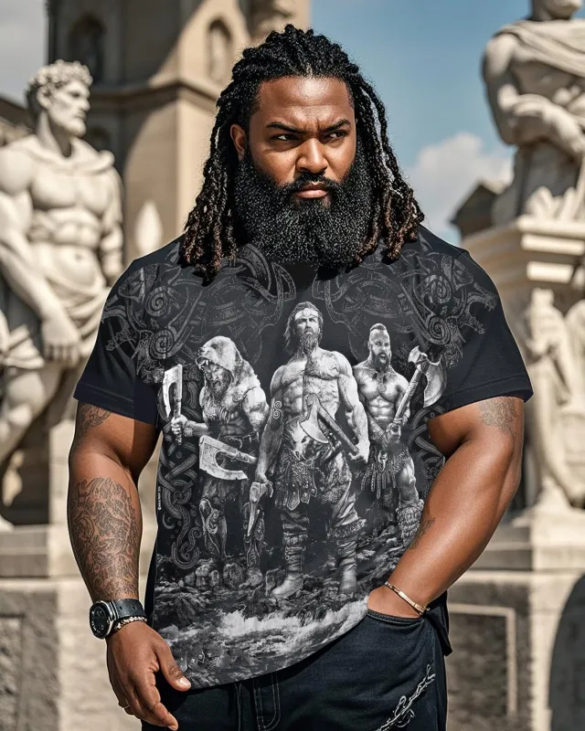 Plus Size Black Printed T-Shirt Men's T-Shirt With Three Fierce Warriors-Printed Front And Back sold by Biggmans