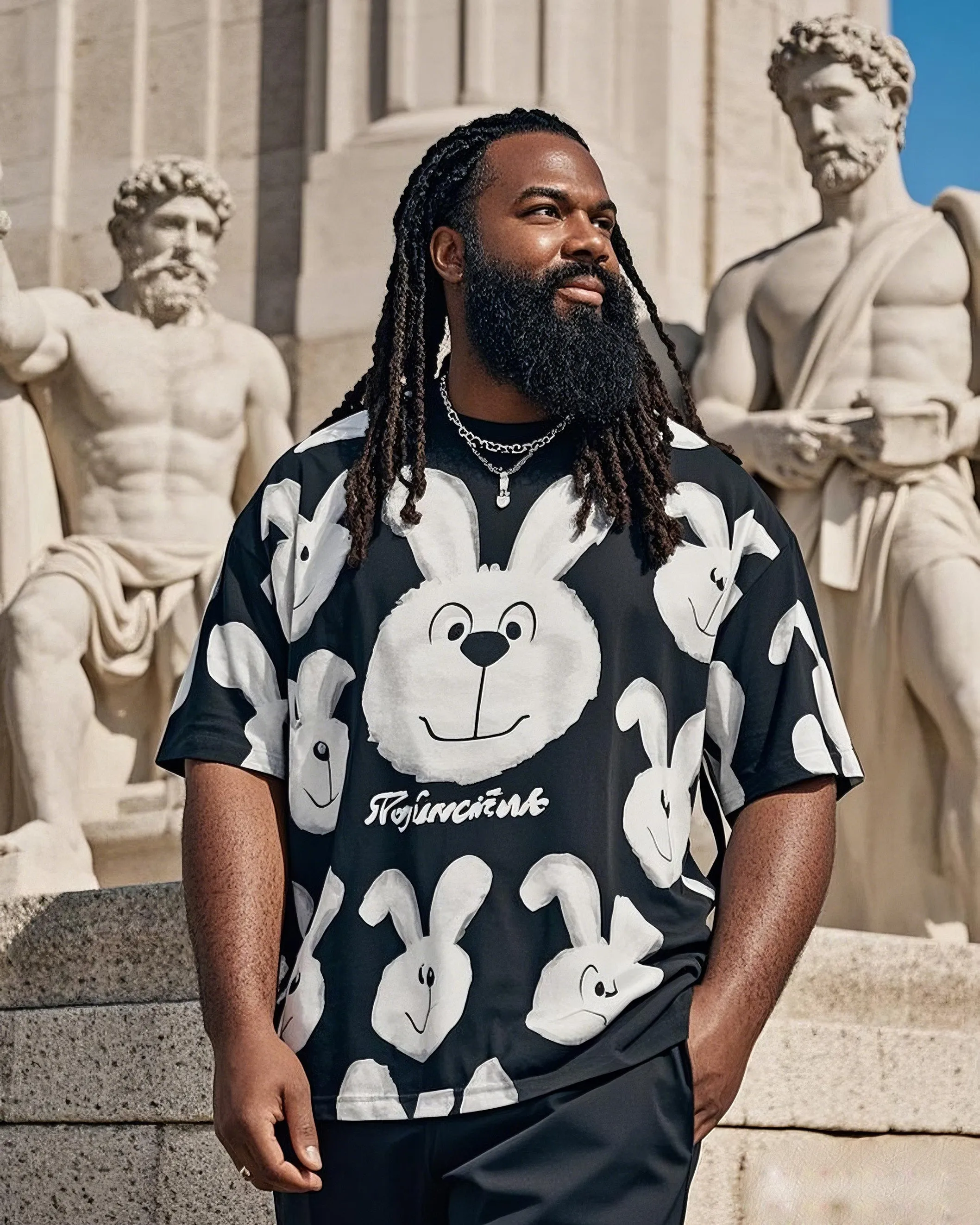 Plus Size Men's Easter Black And White Bunny Print-T-Shirt sold by Biggmans