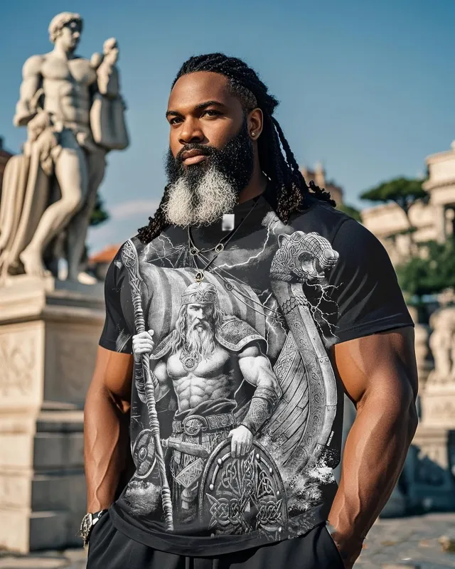 Plus Size Black Printed T-shirt Featuring A Viking Warrior With A Spear And Shield Standing Behind A Drakkar Boat sold by Biggmans