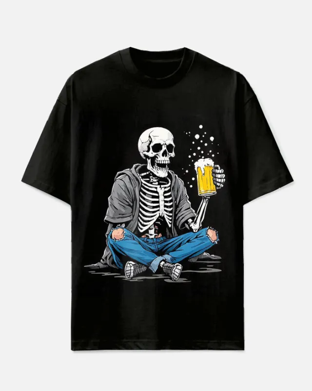 Big Men's Funny Cartoon Skull Drinking Beer Printed Casual Short Sleeve T-shirt sold by Biggmans