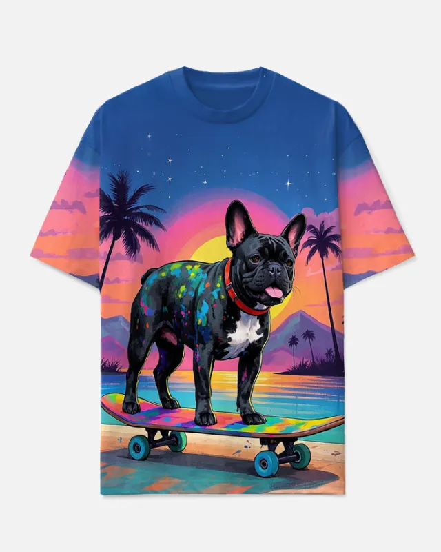 Big Men's Fashion Cartoon Sunset Pug with Skateboard Printed Short Sleeve T-shirt sold by Biggmans