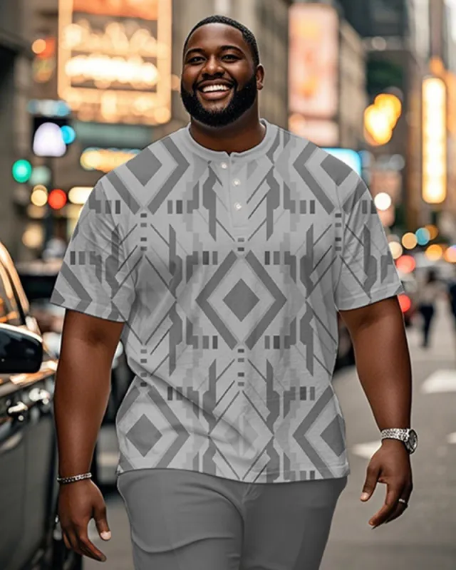 Men's Plus Size Daily Casual Grey Diamond Geometric Print Henley Collar Button Short Sleeve T-Shirt sold by Biggmans