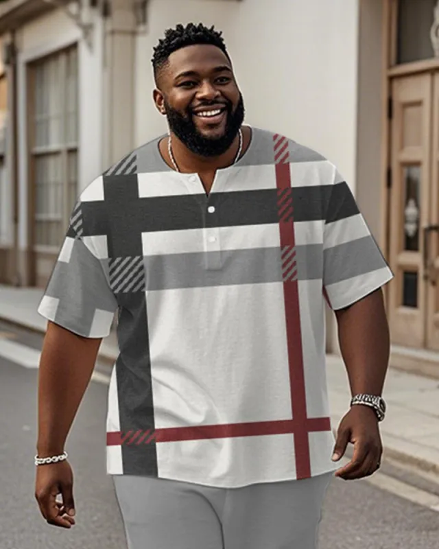 Men's Plus Size Casual Daily Grey Classic Plaid Print Henry Collar Button Short Sleeve T-Shirt sold by Biggmans