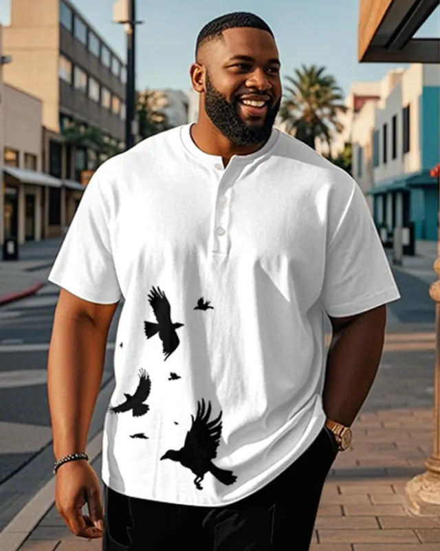 Men's Plus Size Daily Casual Black And White Eagle Print Henry Collar Button Short Sleeve T-Shirt sold by Biggmans