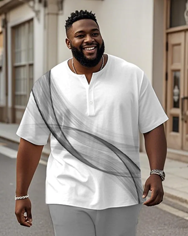 Men's Plus Size Daily Casual White Gradient Line Print Henry Collar Button Short Sleeve T-Shirt sold by Biggmans