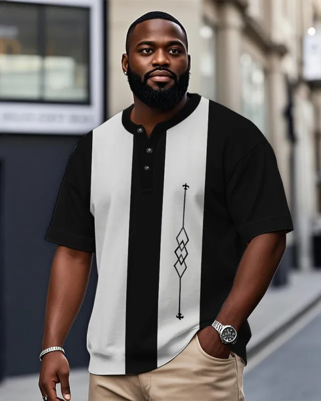 Men's Plus Size Daily Casual Black And White Striped Geometric Print Henry Collar Button Short Sleeve T-Shirt sold by Biggmans