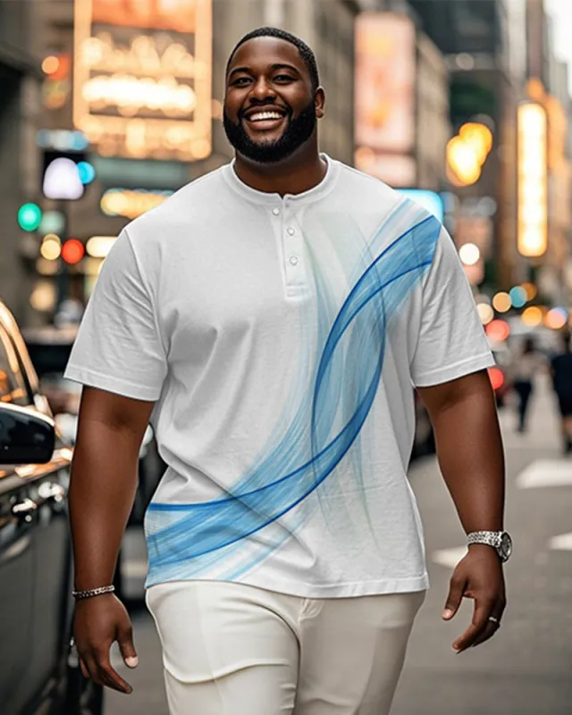 Men's Plus Size Daily Casual Blue Gradient Line Print Henry Collar Button Short Sleeve T-Shirt sold by Biggmans