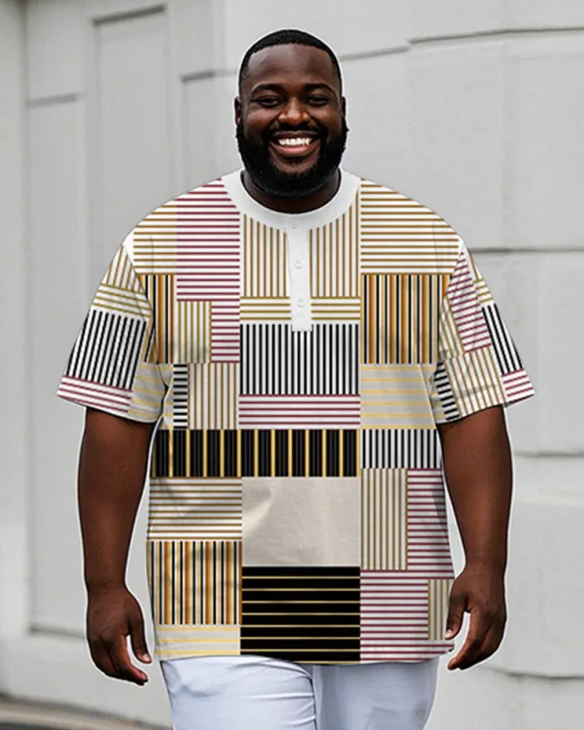 Men's Plus Size Daily Casual Apricot Geometric Stripe Patchwork Printed Henry Collar Button Short Sleeve T-Shirt sold by Biggmans