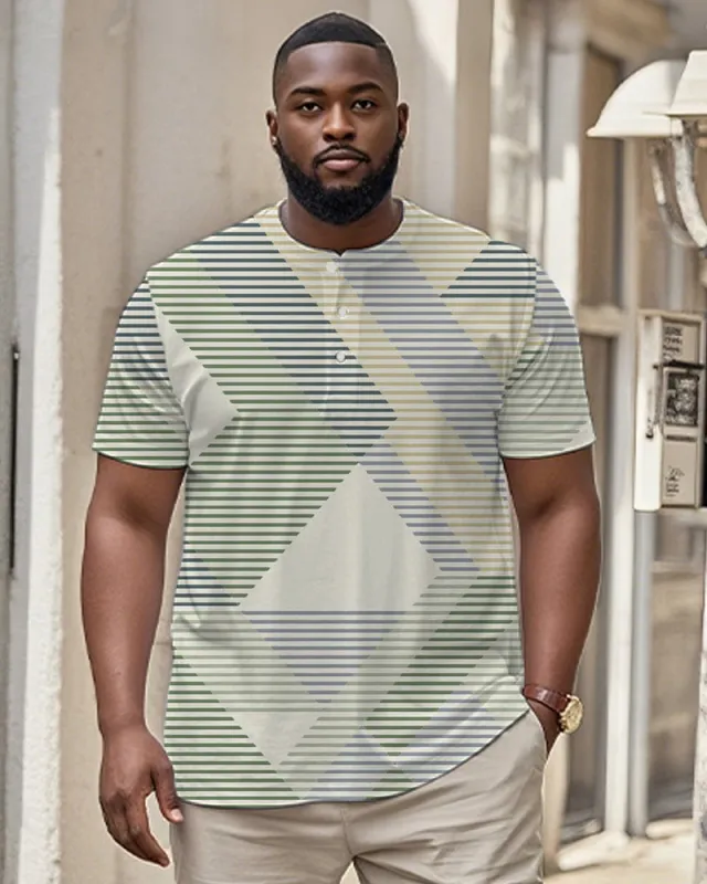 Men's Plus Size Casual Daily Green Contrast Striped Print Henley Collar Button Short Sleeve T-Shirt sold by Biggmans