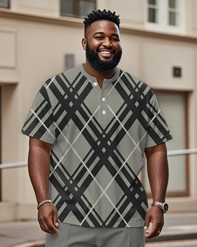 Men's Plus Size Daily Casual Grey Diamond Plaid Print Henley Collar Button Short Sleeve T-Shirt sold by Biggmans