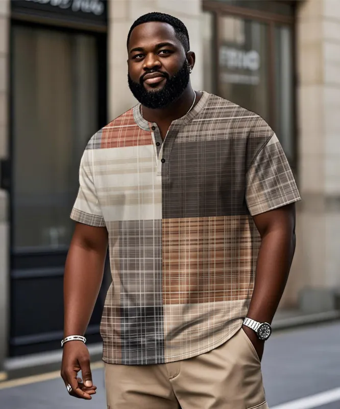 Men's Plus Size Daily Casual Vintage Plaid Patchwork Geometric Print Henry Collar Button Short Sleeve T-Shirt sold by Biggmans