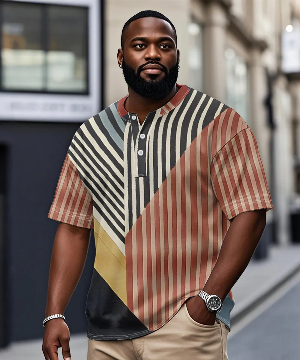 Men's Plus Size Daily Casual Red Stripe Patchwork Geometric Print Henry Collar Button Short Sleeve T-Shirt sold by Biggmans