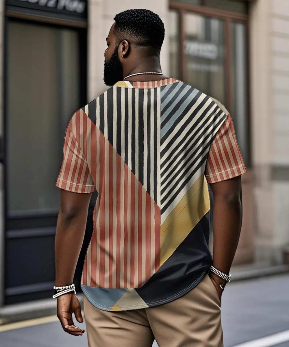 Men's Plus Size Daily Casual Red Stripe Patchwork Geometric Print Henry Collar Button Short Sleeve T-Shirt sold by Biggmans product image thumbnail 2