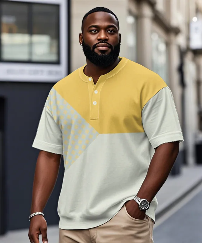 Men's Plus Size Daily Casual Yellow Patchwork Geometric Print Henry Collar Button Short Sleeve T-Shirt sold by Biggmans
