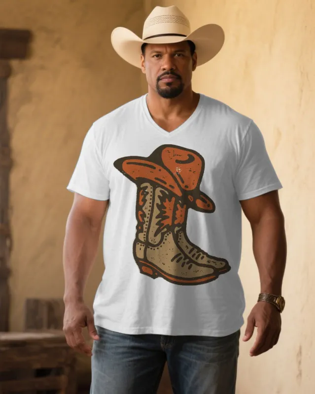 Men's Plus Size White Western Denim Boots Printed V-Neck Short Sleeve Tee sold by Biggmans