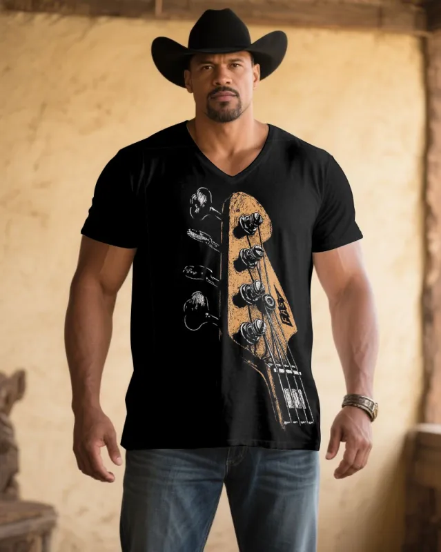 Men's Plus Size Black Retro Musical Instrument Print V-neck Short Sleeve T-shirt sold by Biggmans