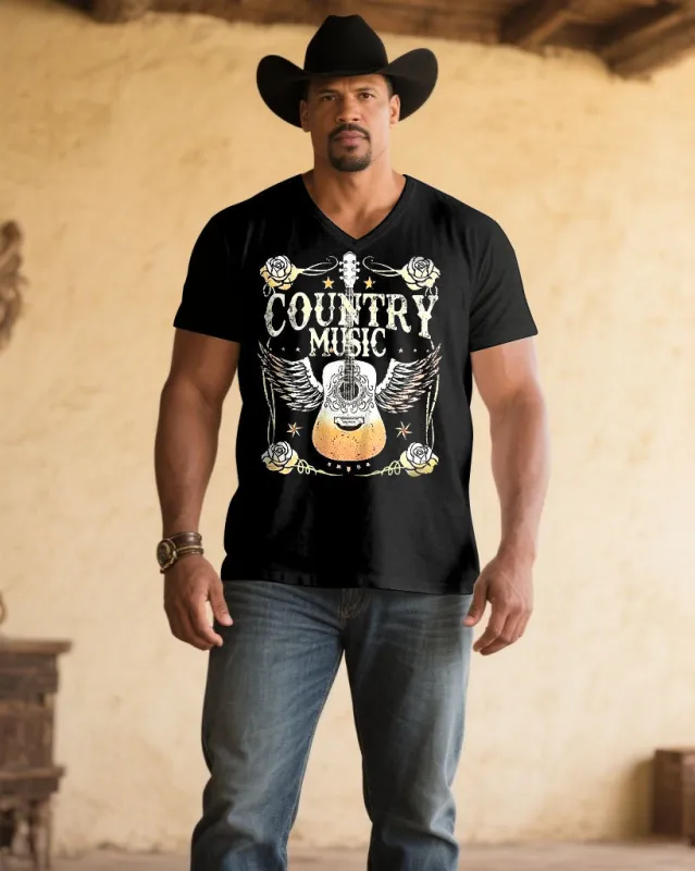 Men's Plus Size Black Western Denim Music Print V-Neck Short Sleeve T-Shirt sold by Biggmans