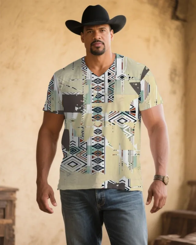 Men's Plus Size Khaki Western Denim Color Printed V-Neck Short Sleeve T-Shirt sold by Biggmans