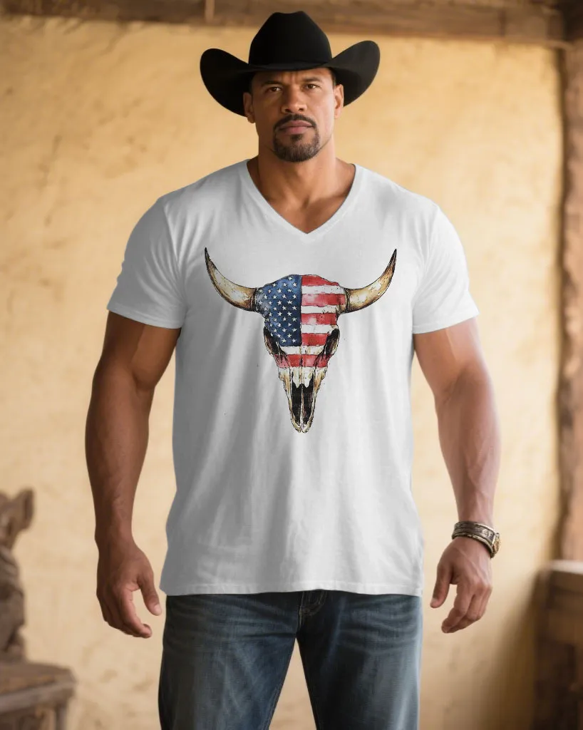 Men's Plus Size White Western Spirit V-Neck Short Sleeve T-Shirt sold by Biggmans