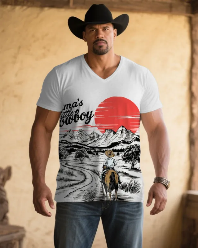 Men's Plus Size White Western Sunset Scene Printed V-Neck Short Sleeve T-Shirt sold by Biggmans